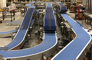 Three blue conveyor belts